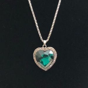 Green Heart and Silver Long Necklace